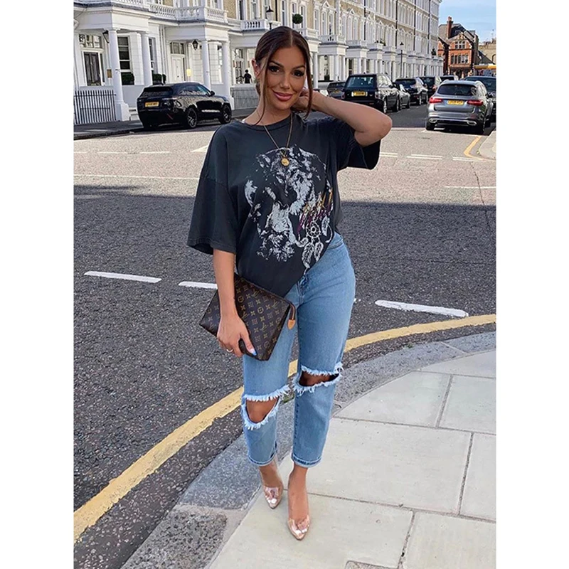 

2021 Fashion Ripped Jeans Women Slim High Waist Jeans Cotton Summer Autumn Casual Streetwear Denim Pencil Long Pants Skinny