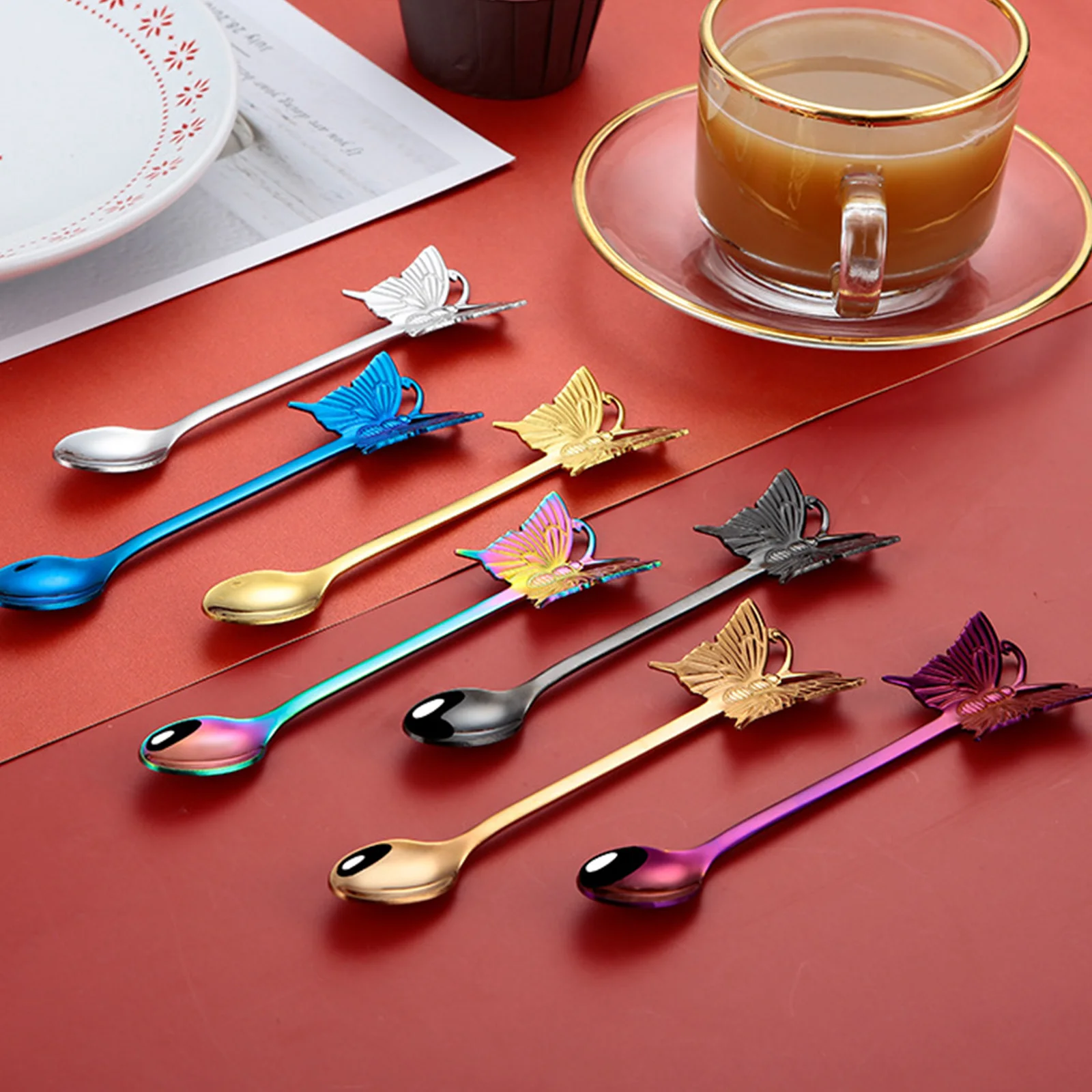 

Stainless Steel Coffee Spoon Butterfly Design Fruit Fork Stirring Milk Teaspoon Dessert Snack Scoop Ice Cream Spoons Tableware