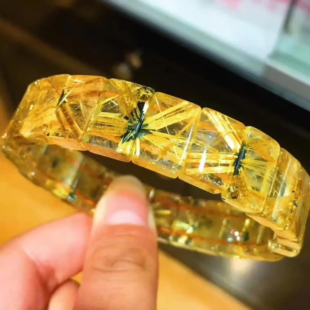 

Genuine Natural Brazil Gold Rutilated Quartz Bracelet Flower Quartz Crystal Woman Man 22*7mm Wealthy Rectangle Beads AAAAAA