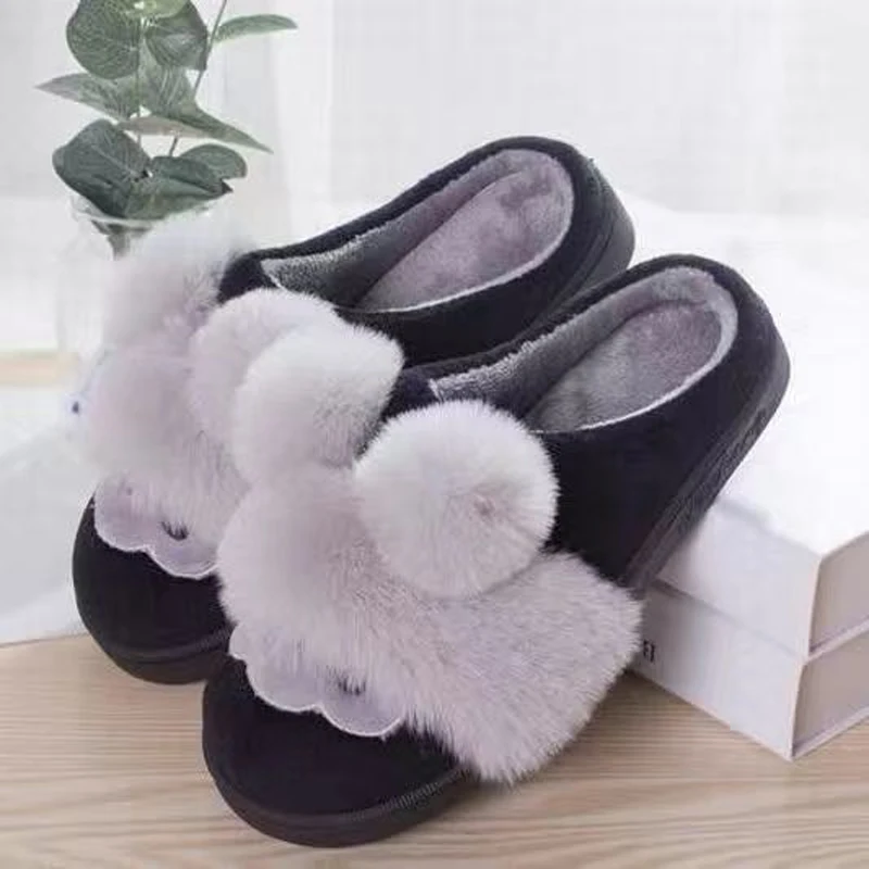 Женские тапочки с меховым помпоном пушистые домашние флисовой подкладкой