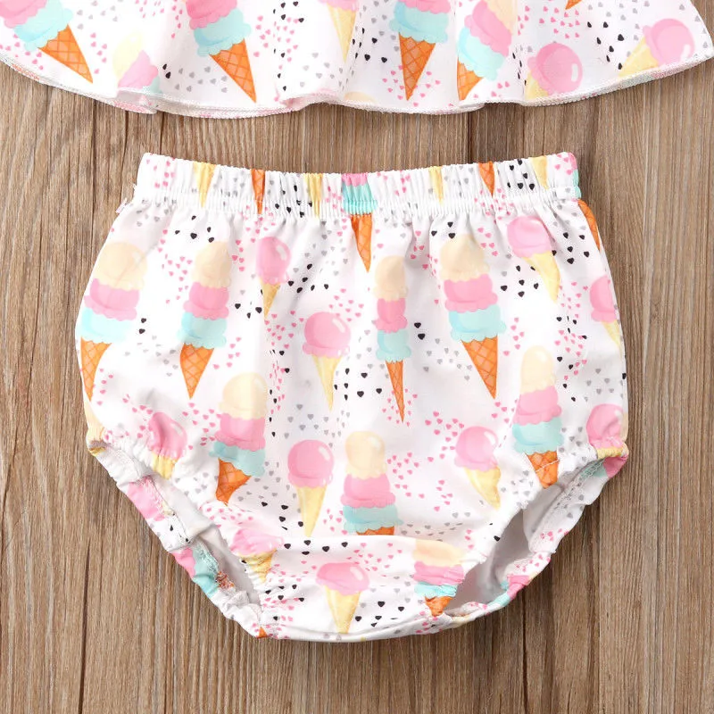 AA Cute Pink Ice Cream Printed Baby Girls Tops Vest Dress+ Briefs Shorts+Headband Cotton 3pcs Outfits Set 0-24M