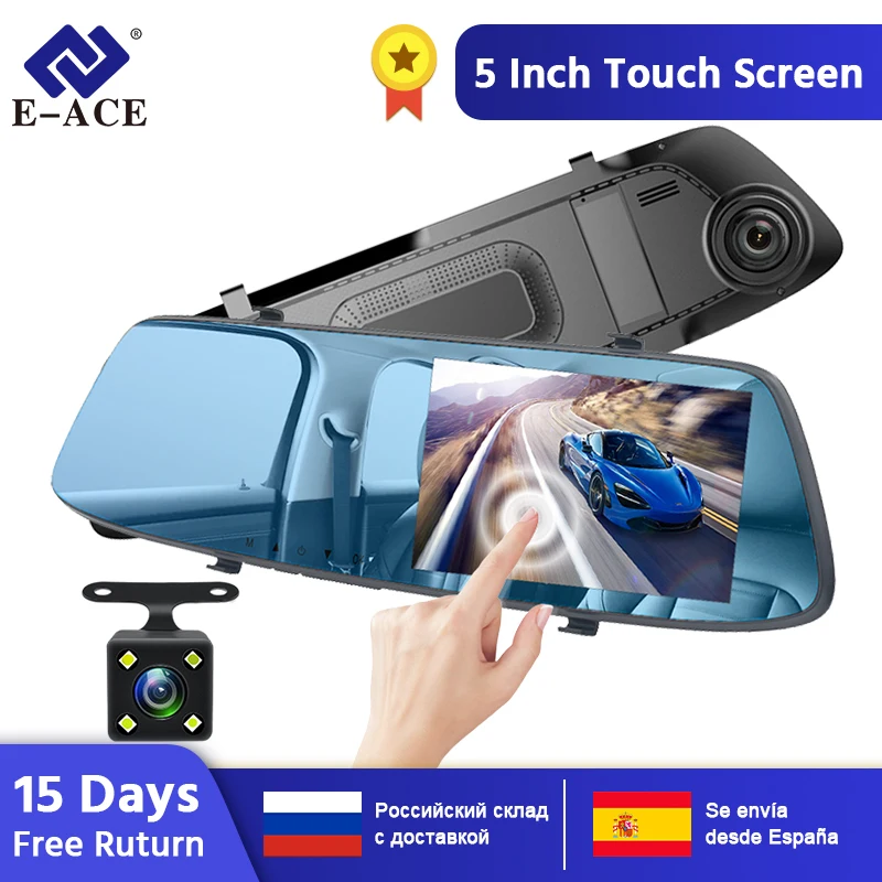 E-ACE Автомобильная dvr камера 5,0 дюймов с сенсорным зеркалом FHD 1080P Автомобильный видеорегистратор Автомобильный регистратор Dashcam двойной объектив с камерой заднего вида