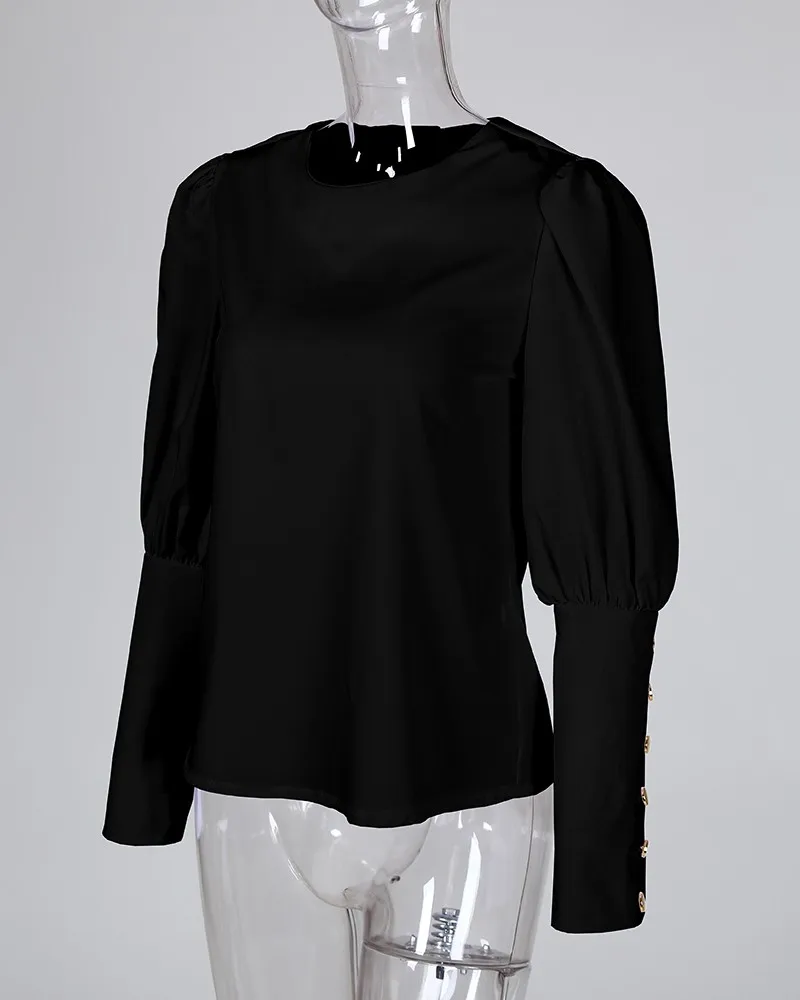 Solid Metal Buttoned Detail Casual Blouse