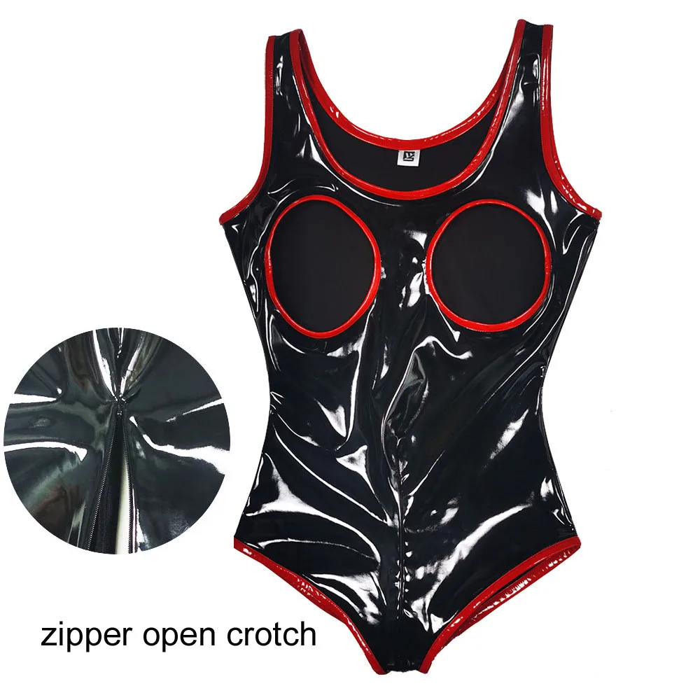 С мокрым эффектом блестящие ПВХ комбинезон выдалбливают молнии боди с открытой