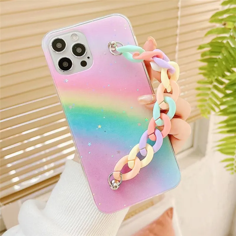 glitter stars rainbow wristband phone case for iphone 12 pro max 6 6s 7 8 plus x xr xs max phone 11 pro max cover coque fundas free global shipping