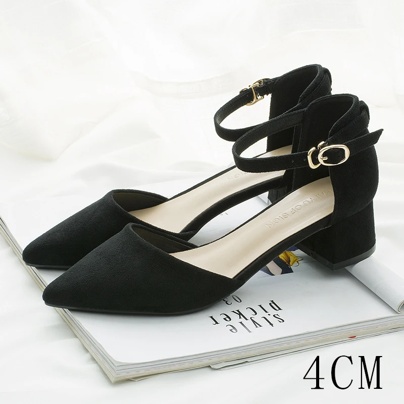 black4cm Обувь; женские туфли-лодочки из искусственной замши и флока с ремешком на щиколотке на высоком квадратном каблуке; женские элегантные босоножки с острым носком; свадебные туфли на каблуке - Цвет: black4cm