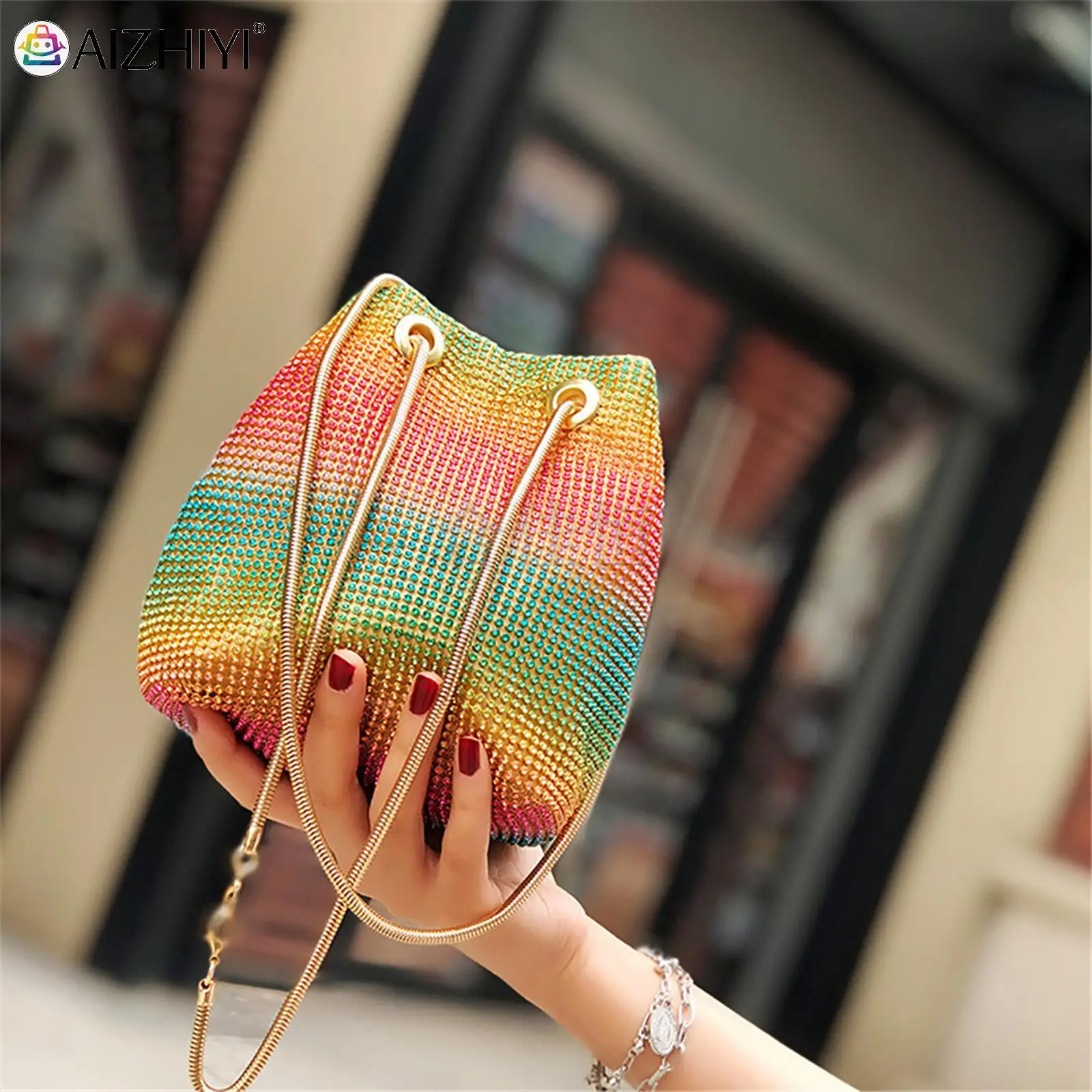

Women Evening Handbag Sparkly Rhinestones Bucket Totes Pouch Shining Shoulder Bag for Party Wedding Date Night