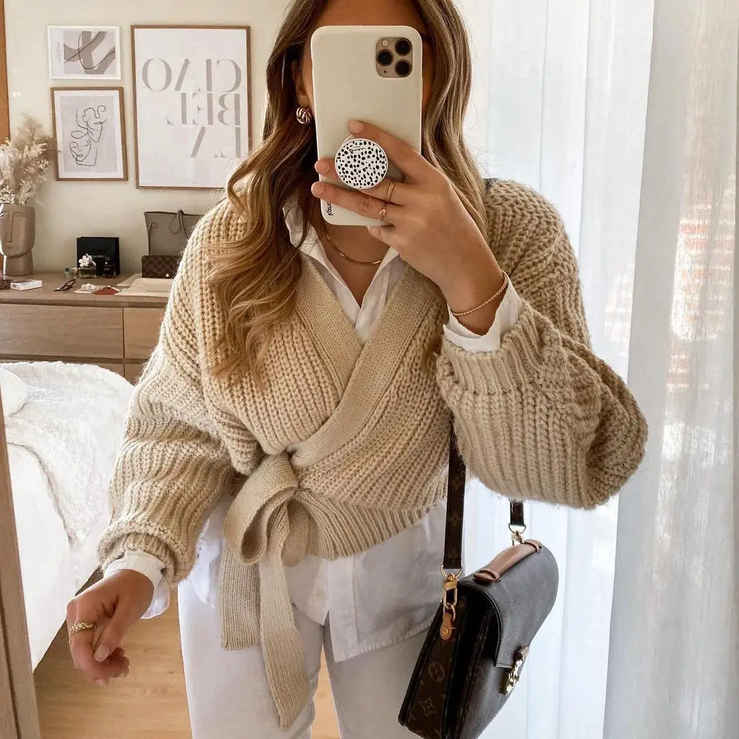 Корейский модный Укороченный кардиган Женский вязаный свитер с v-образным