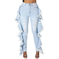 light blue ripped jeans with ruffles fringed casual trousers stretchy feet slim jeans 2021 winter new african womens clothing