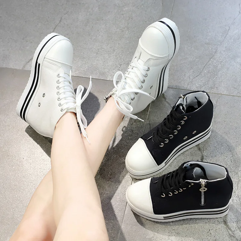 

White Canvas Shoes Woman Sneakers Platform Casual Canvas Shoes Wedge Sneakers High Top Sneakers Ladies Hidden Wedge Heels 2019