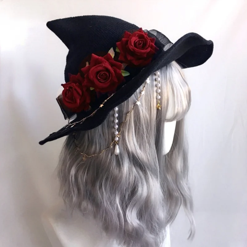 

New high-end 2021 dark girl witch parade Lolita velvet Witch Hat Halloween wide brimmed rose Witch Hat