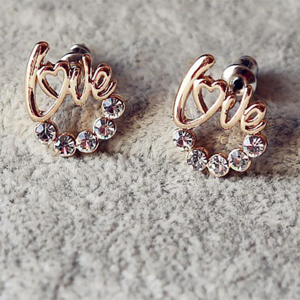 Trendy Korea Letter Love Stud Earrings For Women Exquisite Gold Silver Color Rhinestone Ear Nail Fashion Jewelry Party Gifts | Украшения и