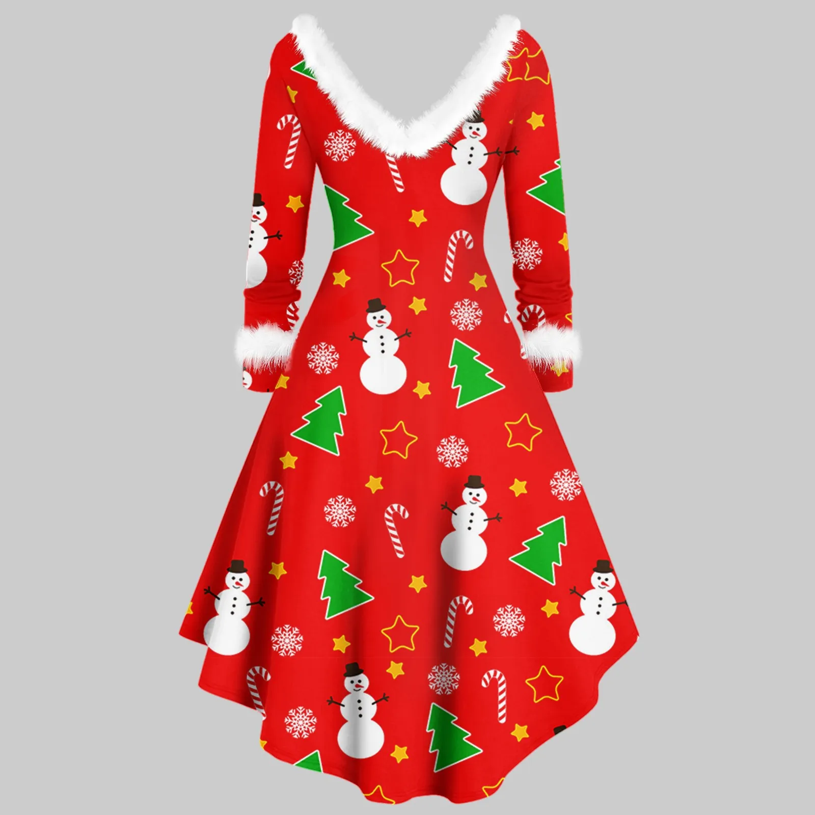 

Vintage Dresses For Women Christmas Faux Fur Party Dress Long Sleeve V Neck Asymmetrical Party Dress Robe Longue Femme