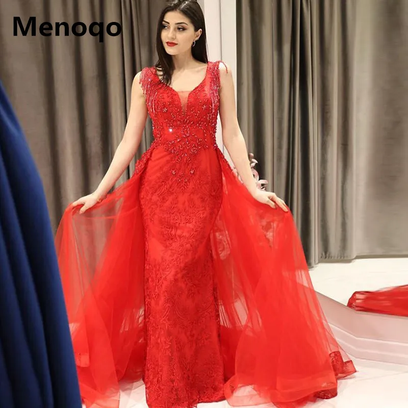 

Red V Neck Prom Dresses Sleeveless Long Evening Party Gowns Formal Appliques Robe De Soiree Custom Made Elegant Evening Dress