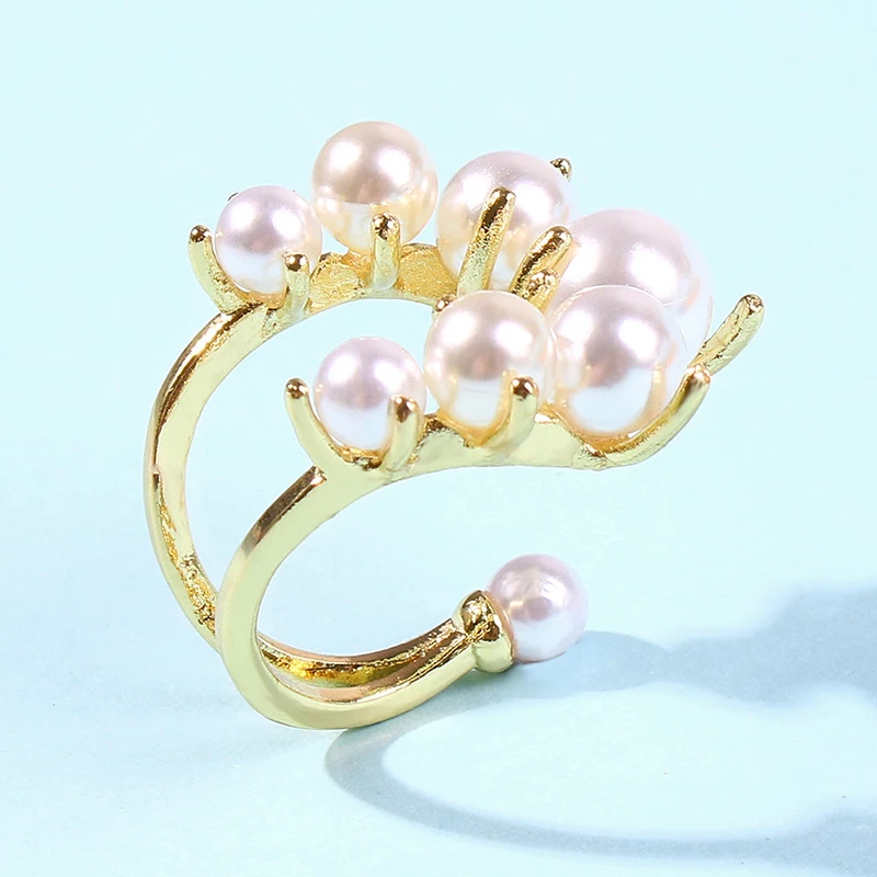 

Korean Fashion Big Geometric Imitation Pearl Rings For Women 2021 New Jewelry Personality Statement Open Ring Adjustable Bijoux
