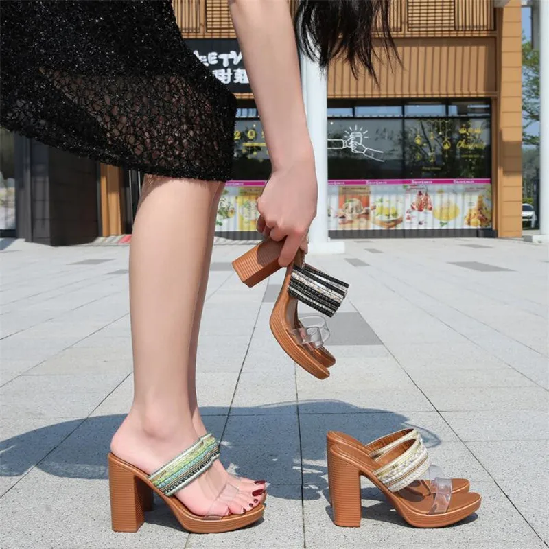 

Summer Ladies Fashion Slippers Women High Heels Sandals Platform Women Casual Shoe Female String Bead Applique Footwear 2021 New
