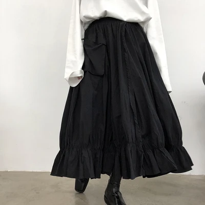 

Women's Skirt Black Simple Spring And Summer New Fashion Large Size Trend Black Long Skirt Irregular High Waist Pleated Casual