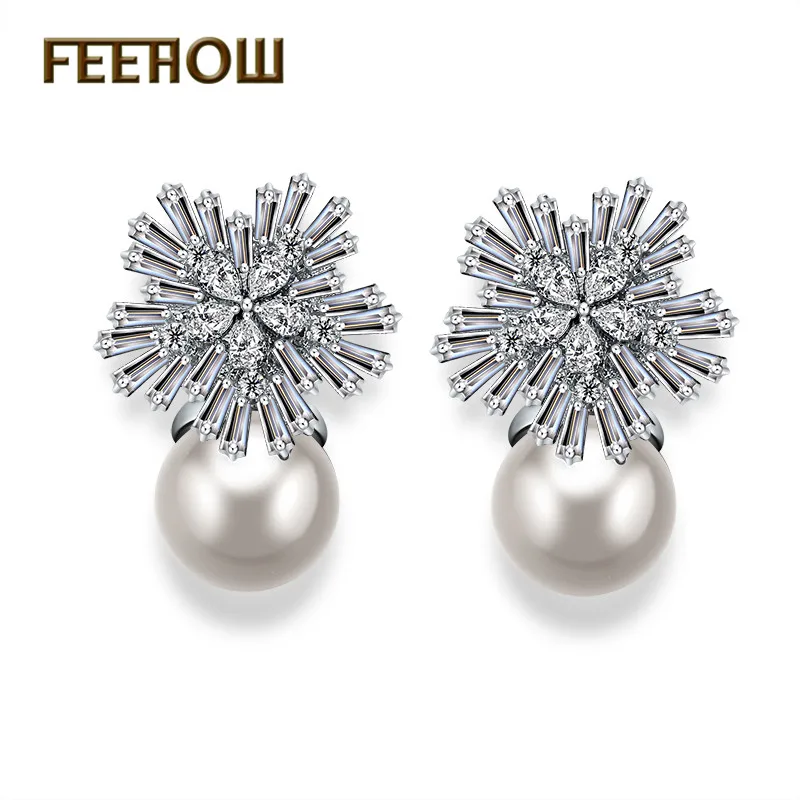 Snow Flower White FEEHOW модные свадебные Букле д 'ореиль ювелирные изделия элегантные циркониевые кристаллы цветок жемчужные серьги для женщин подружки невесты подарок FWEP075 - Окраска металла: Snow Flower White