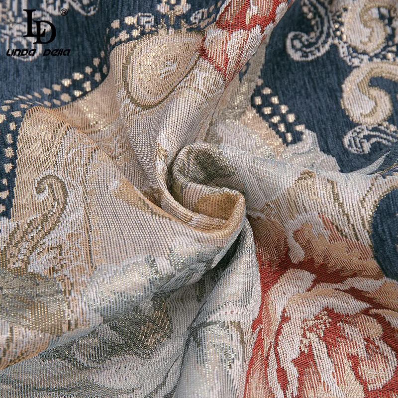 

LD LINDA DELLA Fashion Designer Summer Winter Jacket Outwear Women Stand collar Gorgeous Gilding Bead Vintage Jacquard Coat