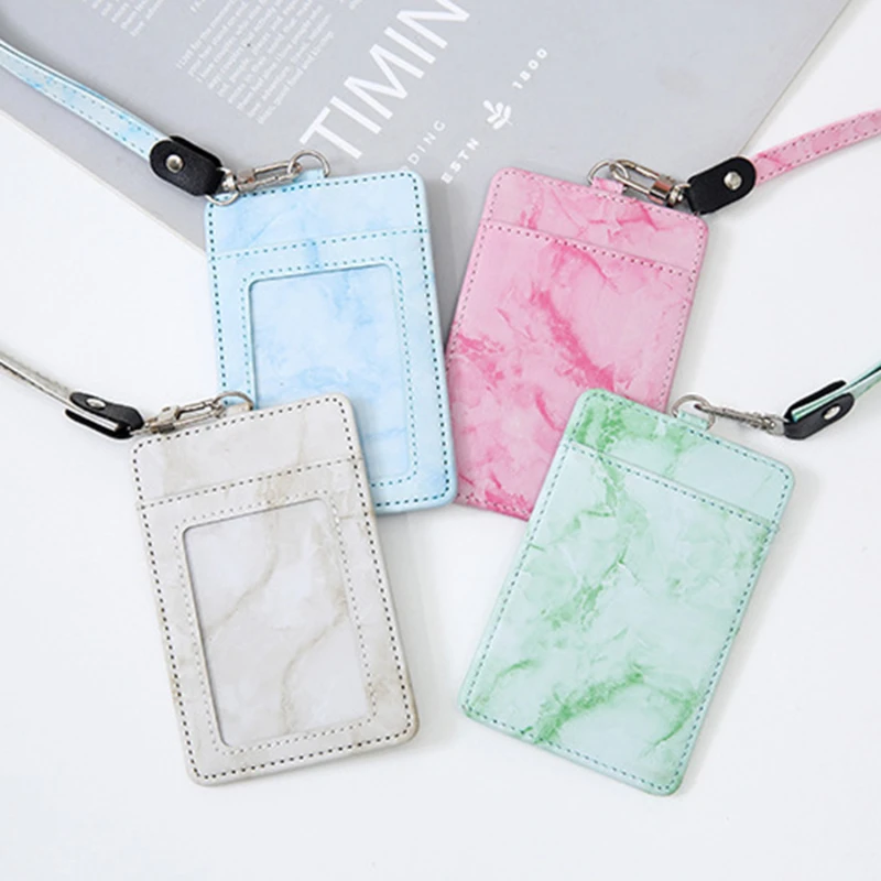 

Marble Pattern Card Holder Cover Case Pu Girls Student Bus ID Credit Card Business Working Card Holder With Neck String 2022