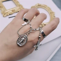 2021 new design personality fashion jesus cross chain combination two finger adjustable ring