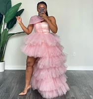 sequins shiny pink women tulle dresses one shoulder puffy ruffles tiered birthday dress for photo shoot hi low dress for party