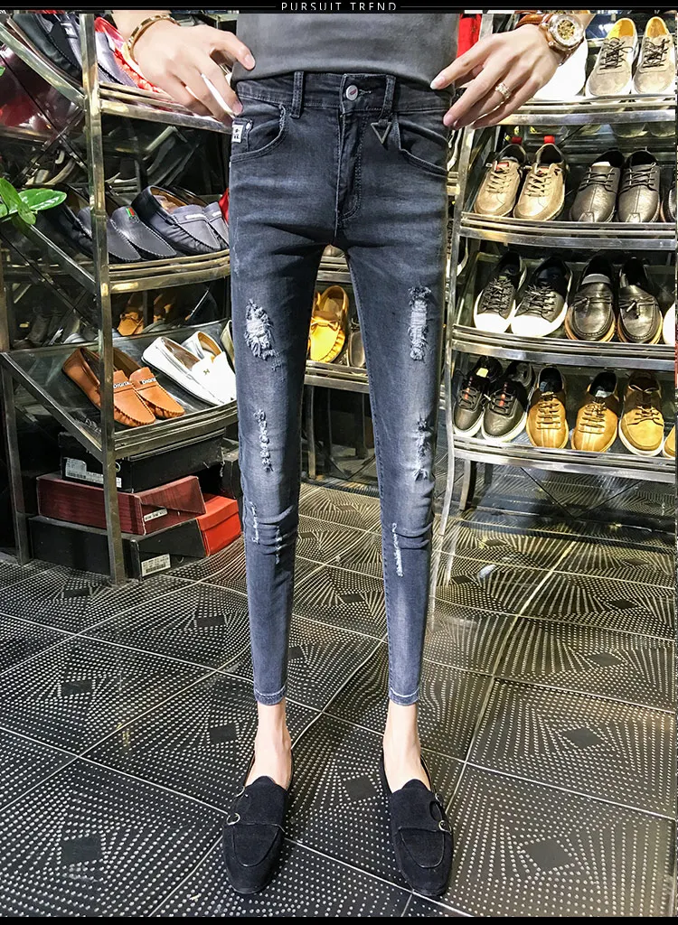 NEW spring autumn skinny strech Casual ripped hole fashion black teenagers hip hop cowboy denim leg jeans men pencil pants