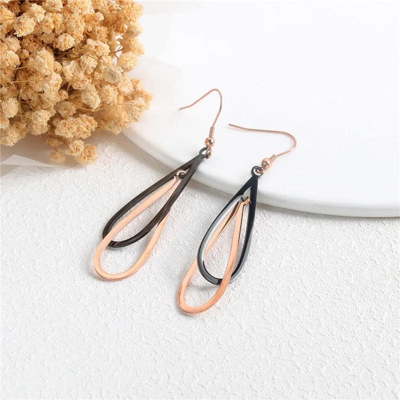 Simple black earring lady stainless steel rose gold style geometry shape long | Украшения и аксессуары