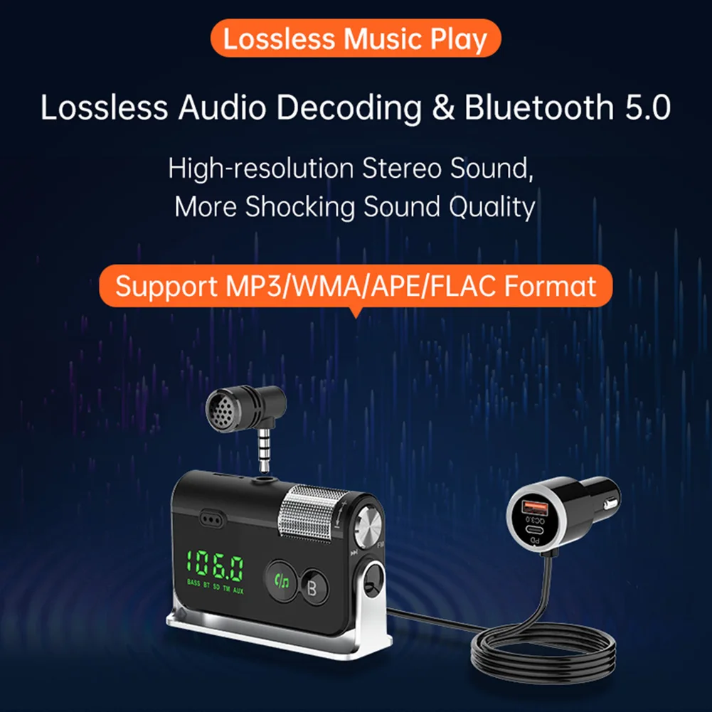 

Bluetooth 5,0 Автомобильный FM-передатчик для автомобиля QC3.0 + USB C 18 Вт Зарядное устройство BT FM-радио адаптер гарнитура для звонков Бас Звук Музыкал...