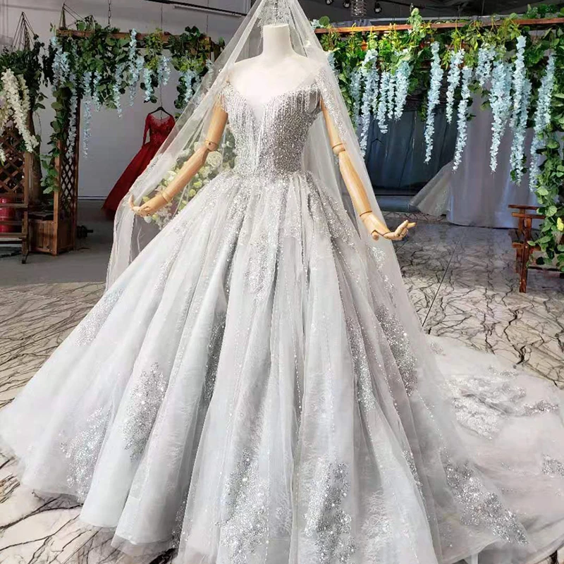 HTL819G A-line evening dresses long for women v-neck off shoulder tassel crystal grey evening gown with veil abiye gece elbisesi