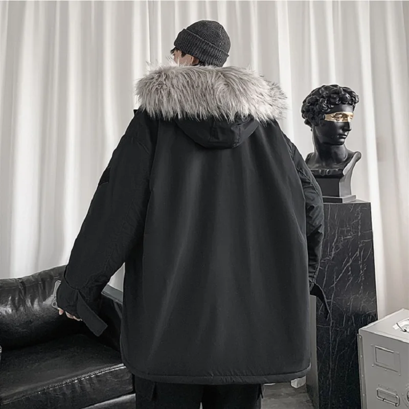 Winter Coat Men's Fashion Multi-pocket Tooling Bread Suit Hong Kong Style Loose Trend Big Fur Collar Warm Jacket Men Clothing