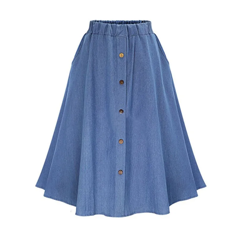

Classic Summer Denim Skirts Womens Pleated Knee Length Jeans Skirt Sweet Solid Casual Button Long Skirt Women Loose Skirts