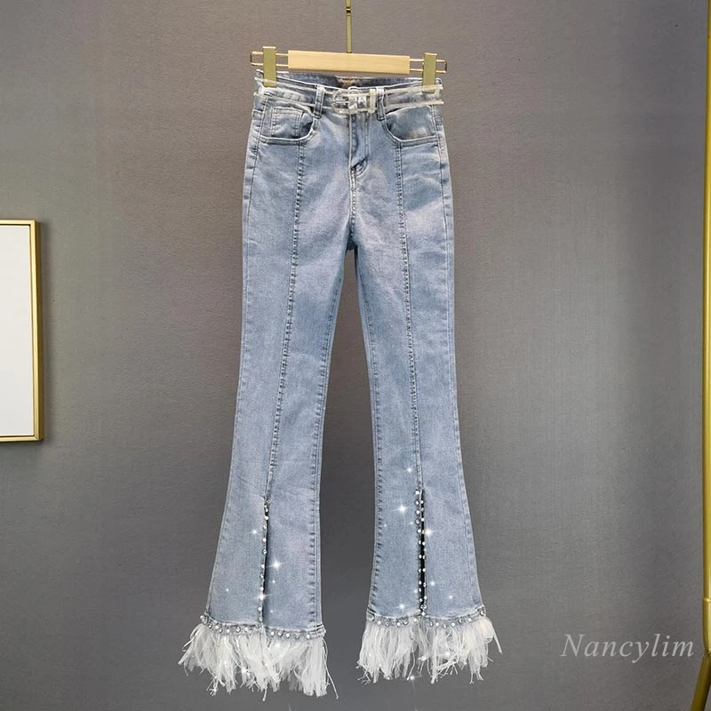 

Flared Jeans Women's Fashion Rhinestone Beaded Lace Tassel Patch New High Waist Slim Bootcut Trousers Lady Village Denim Pants