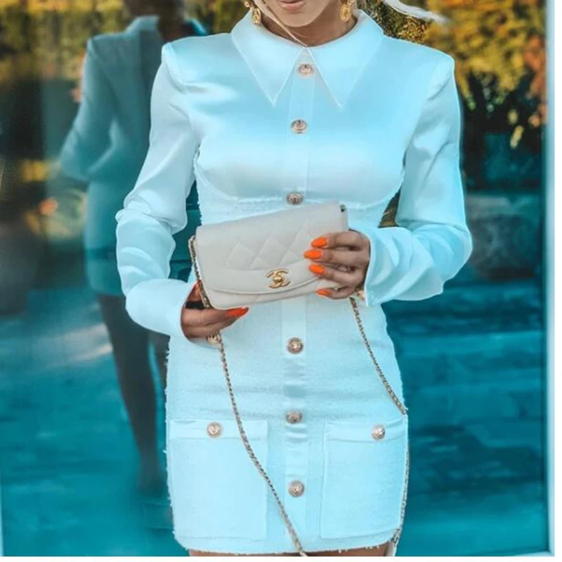 

Turn Down Collar Long Sleeve Dress Winter Single Brested Elegant Office Ladies Party Dress Slim Fit White Bodycon Mini Dresses