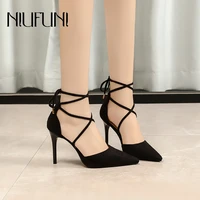 niufuni suede pointed cross ankle straps bow high heels sexy stiletto women shoe pumps slip on elegant party dress ladies sandal