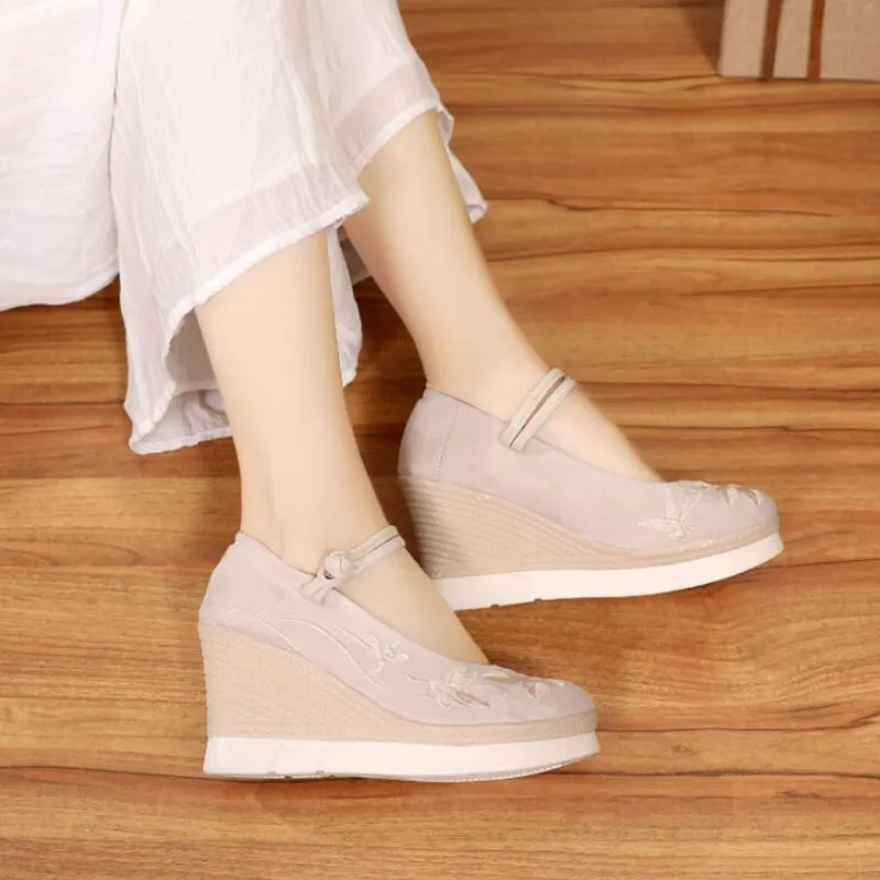 Cotton Fabric Women Wedge Pumps босоножки женские 2021 Ladies Sandals Vintage Embroidered Platform Shoes Mary Jane High Heels