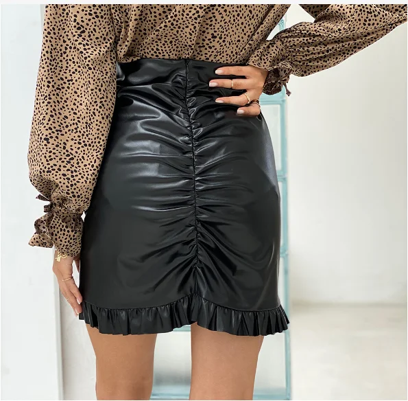 2022 Women Skirt PU Leather Pencil Bag Hip Pleated Mini Solid Color High Waist Bodycon Slim Party Clubwear Sexy Ladies Clothing