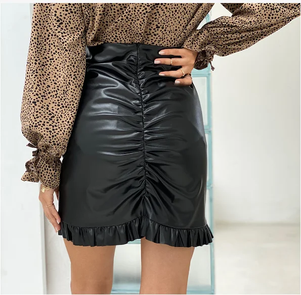 

2022 Women Skirt PU Leather Pencil Bag Hip Pleated Mini Solid Color High Waist Bodycon Slim Party Clubwear Sexy Ladies Clothing