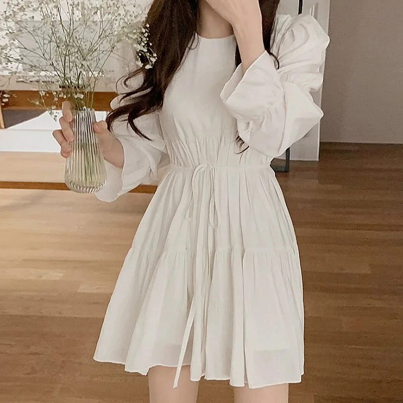 

solid white A-Line Autumn Vintage Woman Dresses women Dress 2022 Party Spring Luxury Elegant High Waist Long Sleeve clothes
