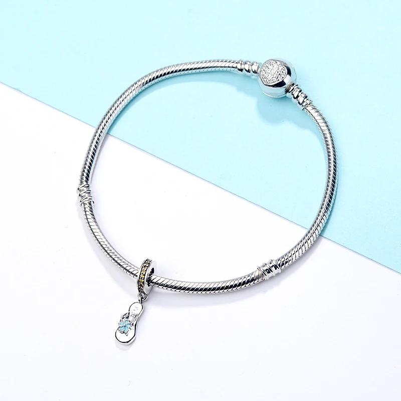 SG Новый 100% 925 серебро Голубая Эмаль и желтом цветах CZ Тапочки Подвески