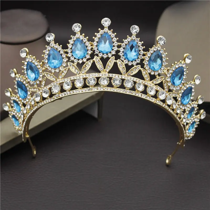Gold Sky Blue Великолепная розовая Хрустальная свадебная тиара свадебная корона ободок тиара королевские украшения для волос пышная корона аксессуары для головы - Окраска металла: Gold Sky Blue