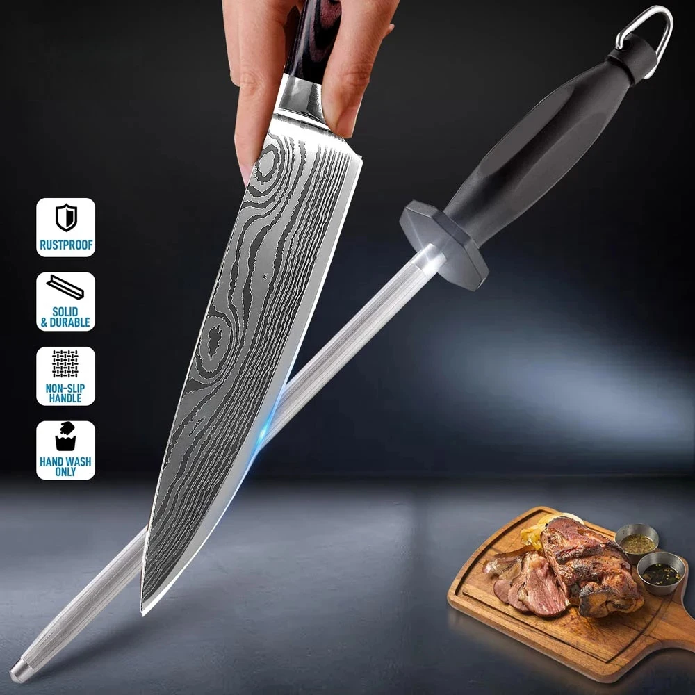 

Honing Steel 9.5" Professional Chef Knife Sharpener Rod Sharpening Steels Stick For Kitchen Knife And Stainless Steel Knives