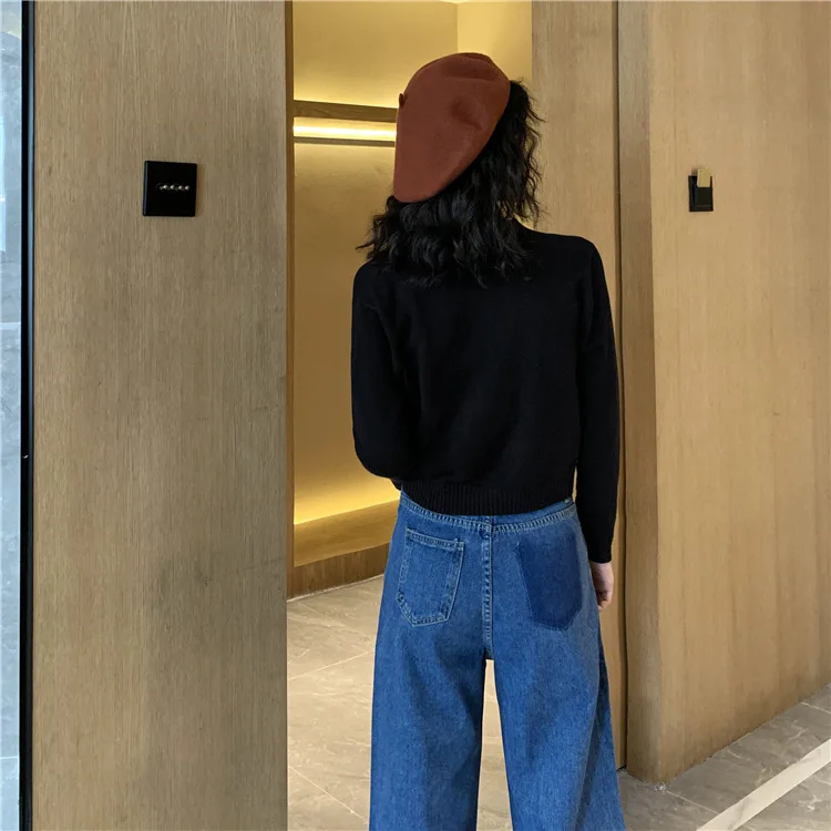 Осень 2019 вязаный красный черный кардиган женский на пуговицах v-образный вырез