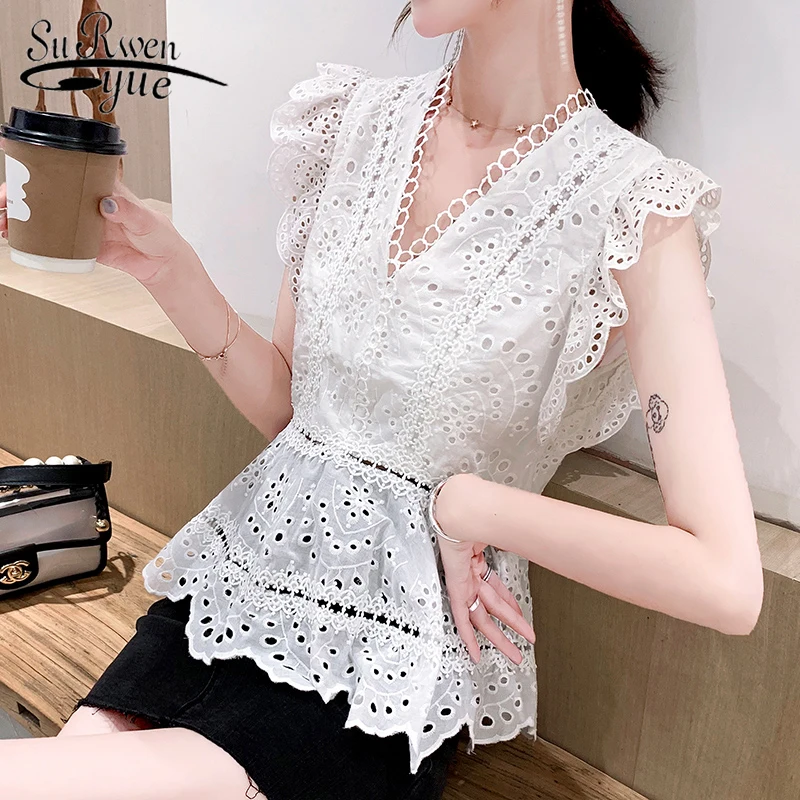 Женские топы с вырезами без рукавов Белая Кружевная блуза v-образным вырезом dames