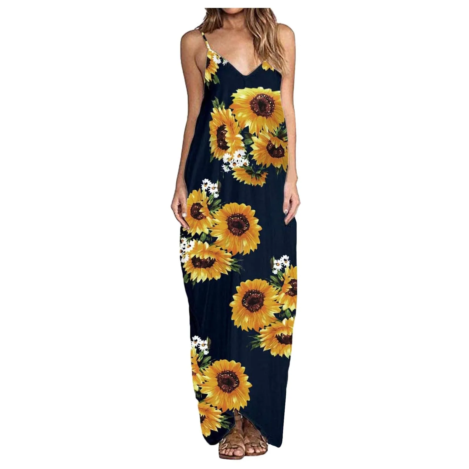 

Floral Print Maxi Dress Women Casual V Neck Spaghetti Strap Long Dresses Holiday Beach Sundress Maxi Dresses Vestidos Robe Femme