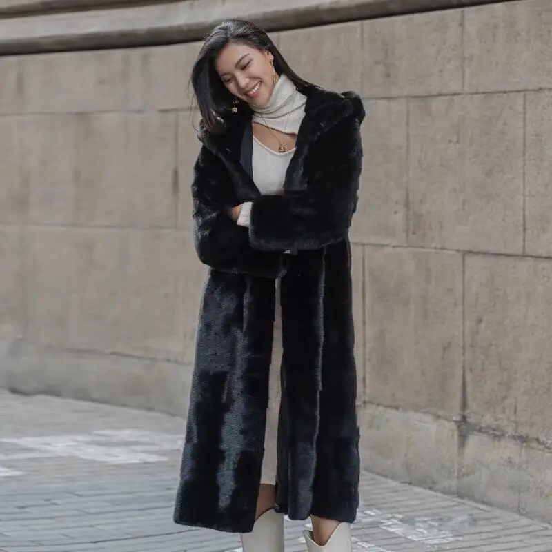

Women's Loose Large Size Fur Coat, New Fashion Black Imitation Mink Fur Coat, Women's Hooded, Long-length, Warm Mink Fur Women
