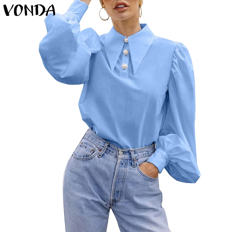 

2021 повседневные офисные рубашки VONDA, Женская однотонная блузка с длинным рукавом, богемные праздвечерние чные блузы, Женские топы для офиса