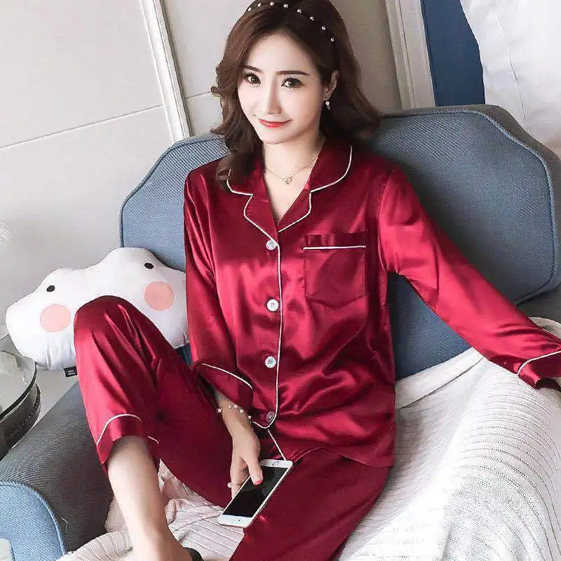 

Women Pajama Sets Silk Satin Turn-Down Collar Sleepwear Lady Long Sleeve Summer Nightwear Femme 2 Pieces Homewear Large Size
