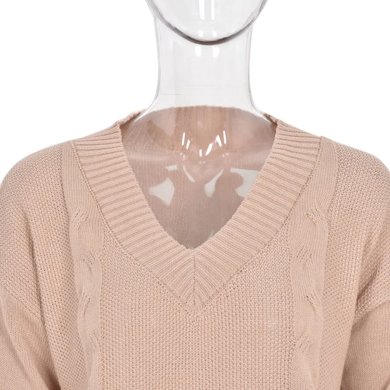 Женский вязаный свитер с открытыми плечами и v-образным вырезом Осенний пуловер