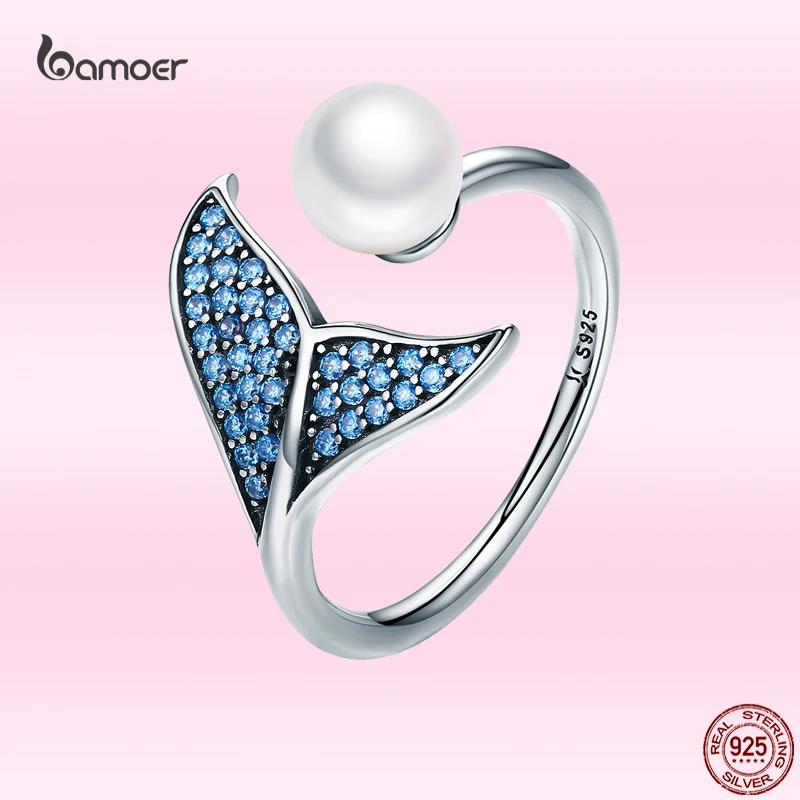 

BamoerR Mermaid Fish Tail Shell Pearl Finger Rings for Women Adjustable Open Free Size 925 Sterling Silver Ring GXR286